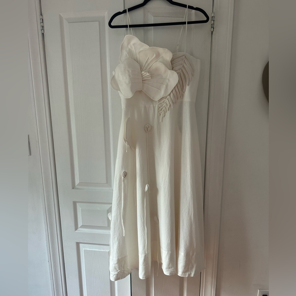 FARM Rio Cream Floral Appliqué Midi Dress